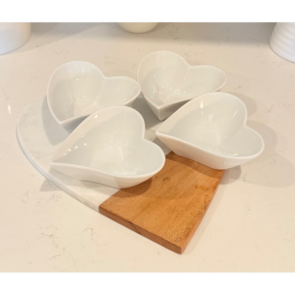 White Ceramic Heart Shaped Ramekin Dipping Bowls Set of 4